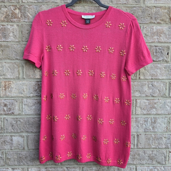 ST JOHN KNIT Collection Sport Coral Pink Floral Bejeweled Short Sleeve Knit Sz 4 - Picture 1 of 10